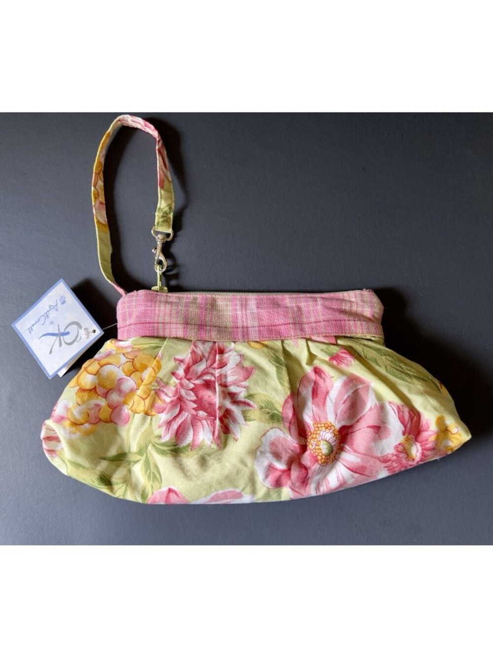 April Cornell QK Quilted Floral Wristlet Clutch Bag Yellow Pink Plaid NWT Boho